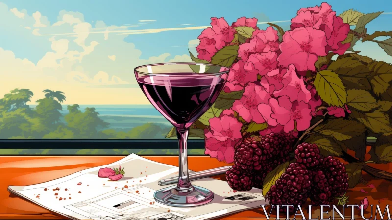 Elegant Still Life with Wine, Flowers, and Blackberries AI Image