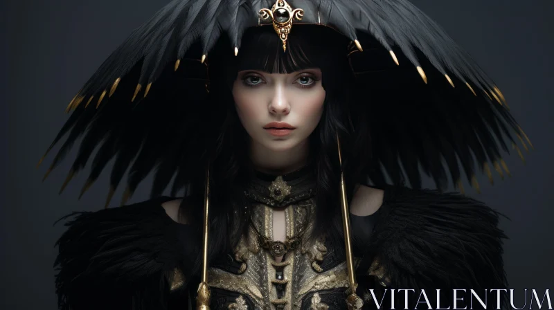Elegant Woman Portrait with Black and Gold Headdress AI Image