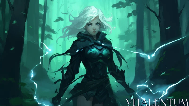AI ART Female Warrior in Forest with Sword