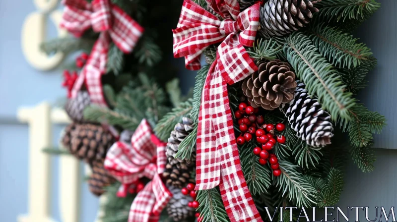 Festive Christmas Wreath on Blue Wooden Door AI Image