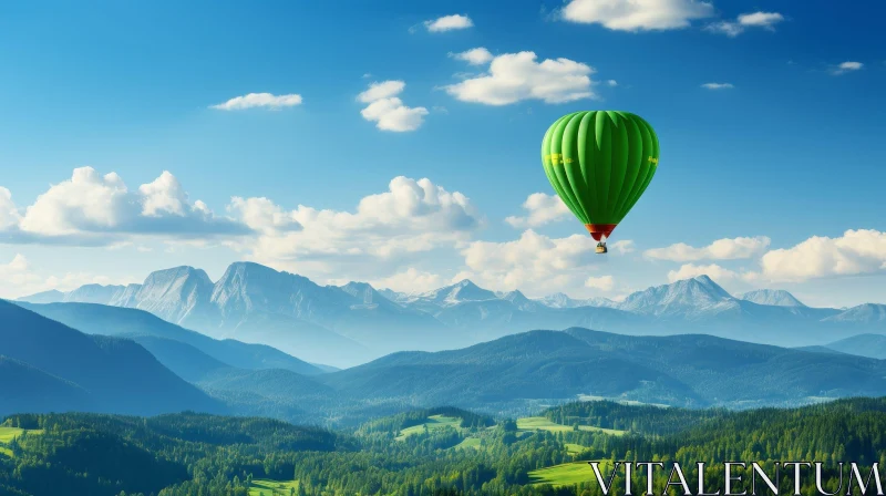 Green Hot Air Balloon Flying Over Majestic Mountains AI Image