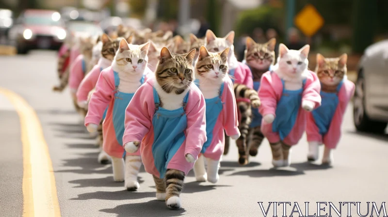 Intricate Cat Parade in Pink and Blue - A Photorealistic Depiction AI Image