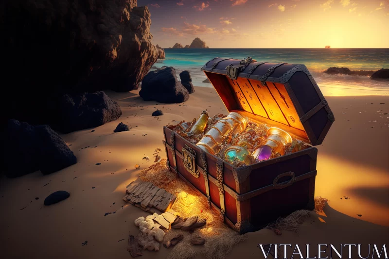 Intricately Mapped Worlds: An Empty Treasure Chest on the Beach at Sunset AI Image