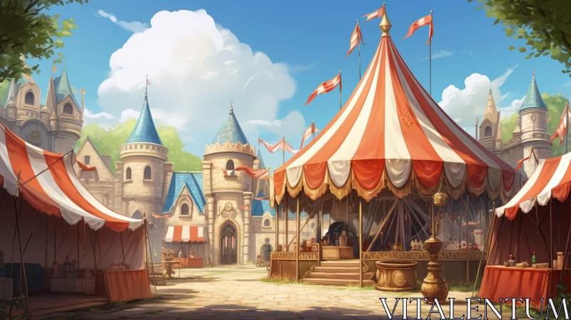 Medieval Market Digital Painting with Castle Background AI Image