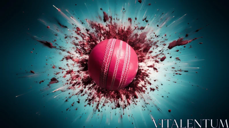 Pink Cricket Ball Explosion on Blue Background AI Image