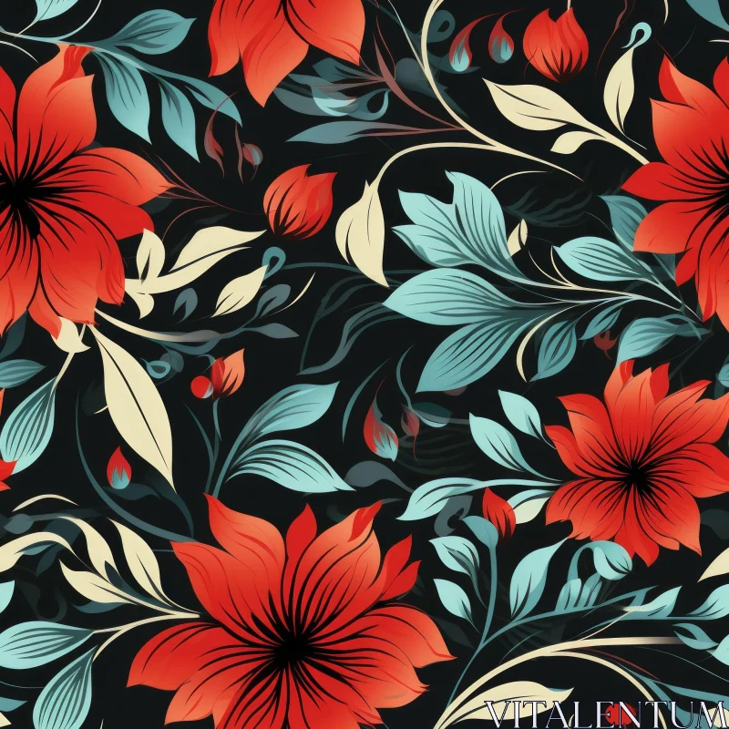 Red Blue White Floral Pattern on Black Background AI Image