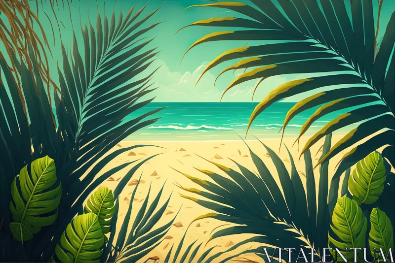 Serene Summer Beach Scene with Palm Leaves and Sea | Vintage Poster Design AI Image