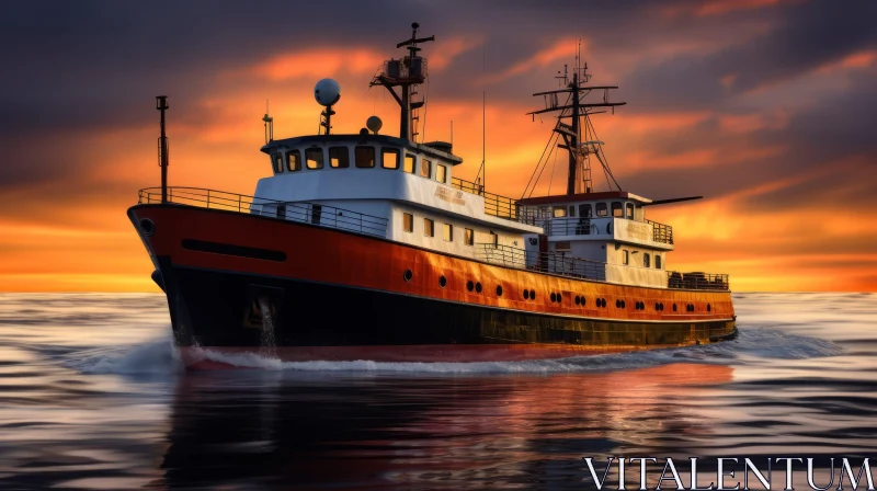 Serene Sunset Scene: Red and White Ship Sailing on Calm Sea AI Image
