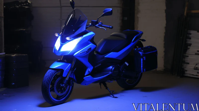 Sleek Blue and Black Scooter in Dark Room AI Image