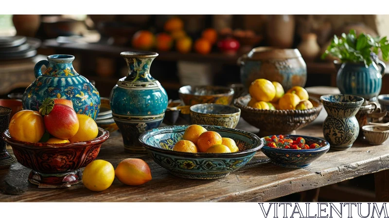 Still Life: Wooden Table with Ceramic Bowls and Fruit AI Image