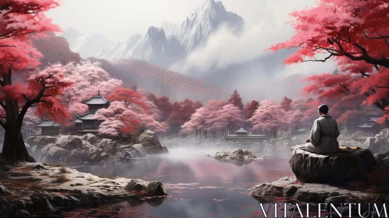 Tranquil Mountain Valley with Cherry Blossom Lake AI Image