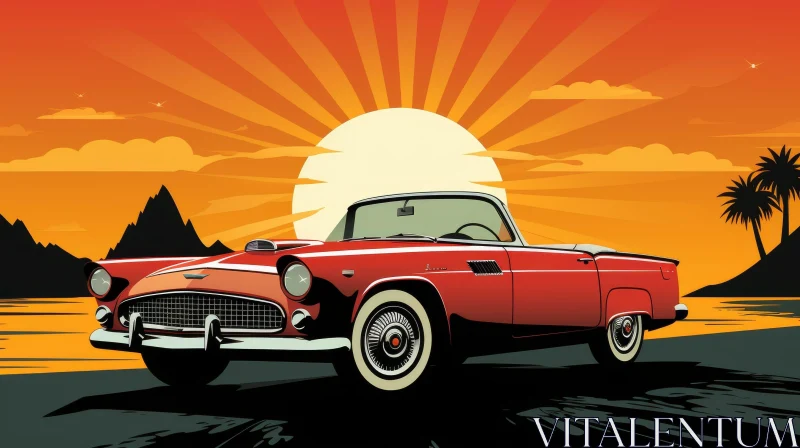 Vintage Red Car Illustration at Sunset AI Image