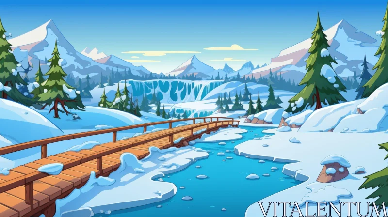 Winter Wonderland - Snowy Bridge and Mountains Landscape AI Image