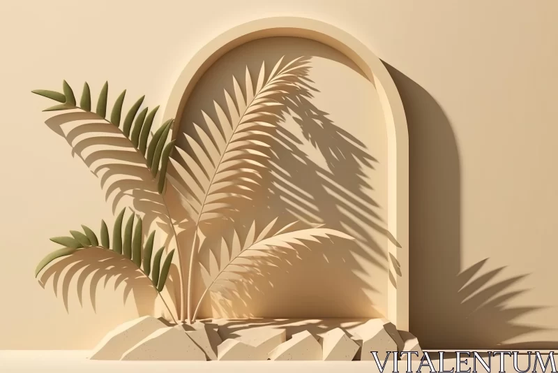 Captivating 3D Artwork: Palm Leaves and Stones in Minimalist Stage Design AI Image