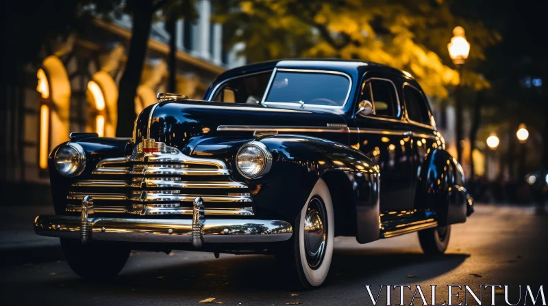 Classic 1940s Car on City Street at Night AI Image