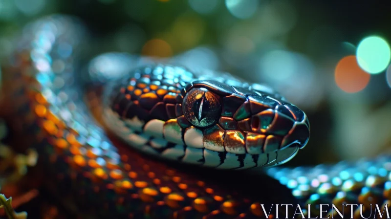 Close-up of a Snake's Head with Black Iridescent Scales AI Image