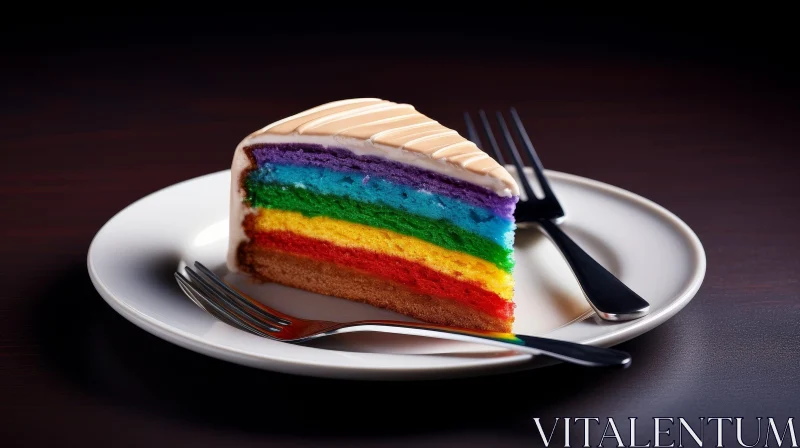 Colorful Rainbow Cake Slice on White Plate AI Image