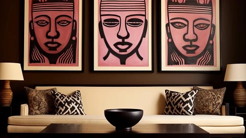 Cozy Living Room with Sofa and African Mask Paintings