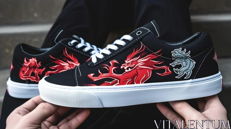 Custom-Painted Vans Sneakers with Red Dragon Design AI Image