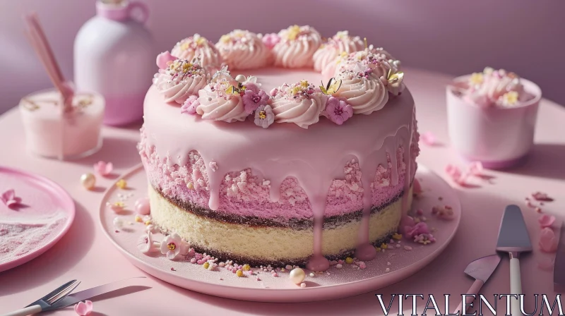 Delicious Pink Cake with Flowers | Food Photography AI Image