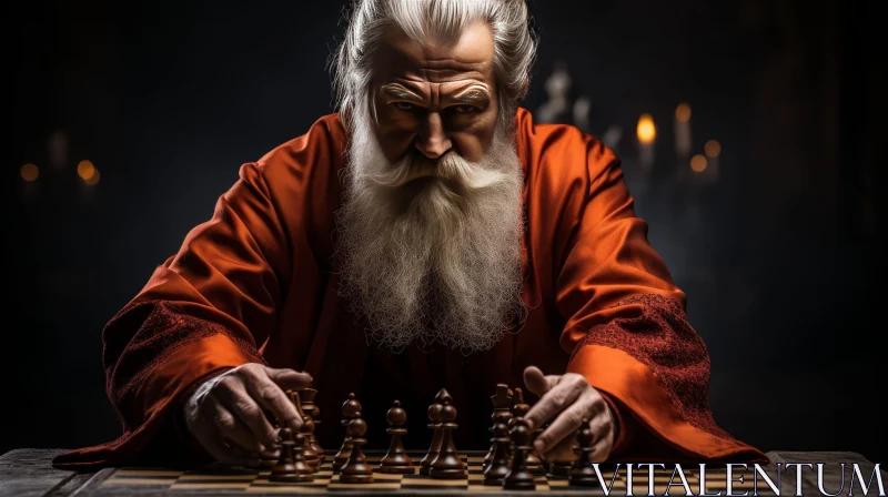 AI ART Elderly Man Playing Chess in Red Robe