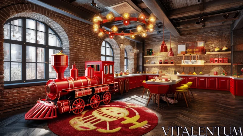 Enchanting Child's Playroom with Red Toy Train and Brick Walls AI Image