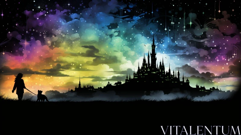 Enchanting Fantasy Landscape with Castle and Silhouette AI Image