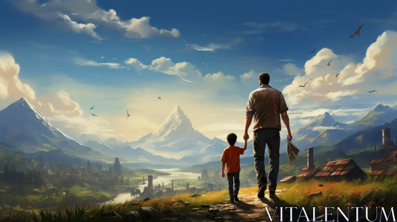 Father and Son Walking Towards City - Heartwarming Image AI Image