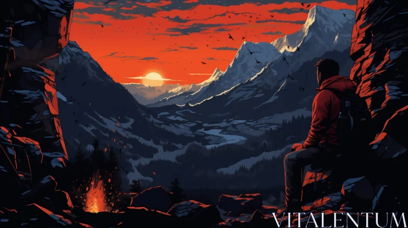 Mountain Sunset Scene with Man by Campfire AI Image