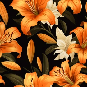 Orange and White Lily Seamless Pattern on Black Background