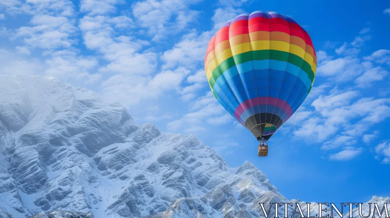 AI ART Rainbow Hot Air Balloon Over Snow-Capped Mountains