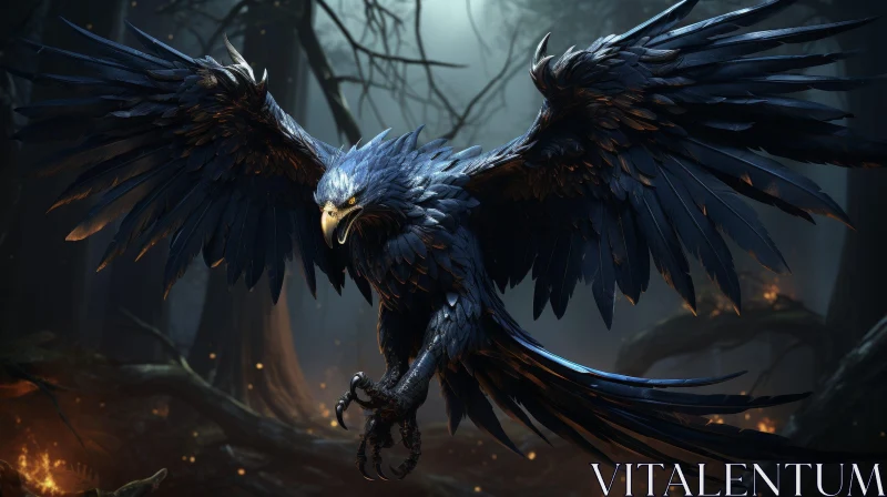 Realistic Dark Blue Eagle Digital Painting in Forest AI Image