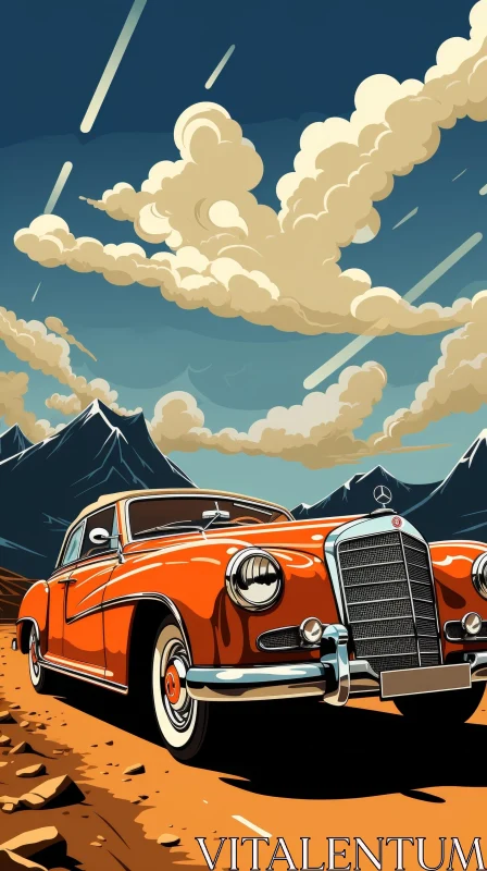 AI ART Red Mercedes-Benz 220S Driving in Desert - Retro Style Illustration
