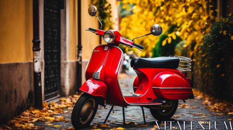 Red Vintage Vespa Scooter on Cobblestone Street AI Image