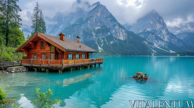 Serene Mountain Lake with Wooden House - Natural Beauty AI Image