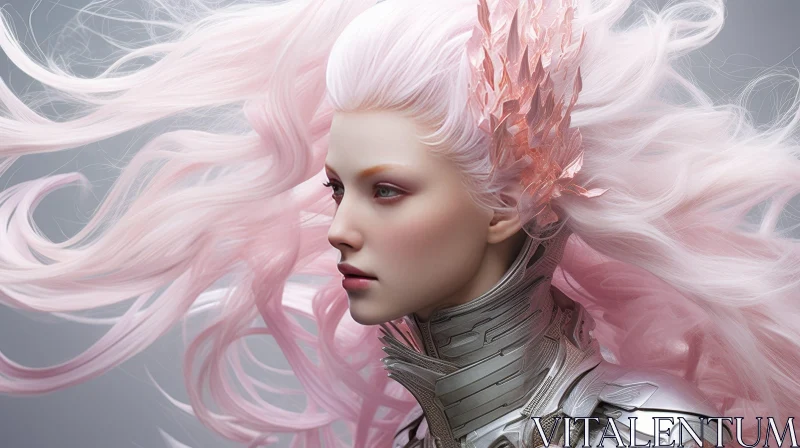Serious Woman Portrait with Pink Hair and Armor AI Image