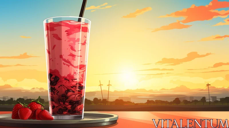 Strawberry Milkshake Glass at Sunset AI Image