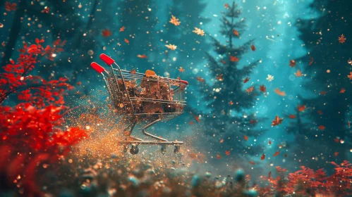 Surreal Autumn Leaves Shopping Cart - Whimsical Artwork
