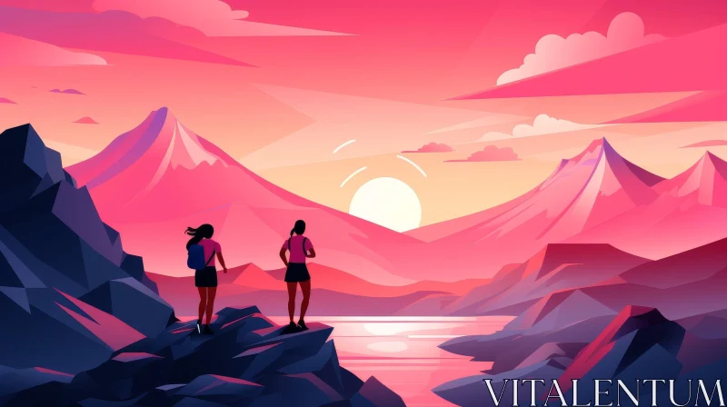 Tranquil Sunset Mountain Range Scene with Women at Lake AI Image