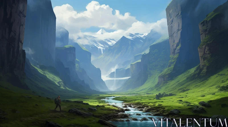 Tranquil Valley Landscape Painting with River and Mountains AI Image