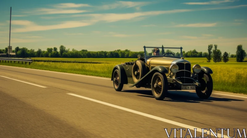 Vintage Car Driving on Rural Road AI Image