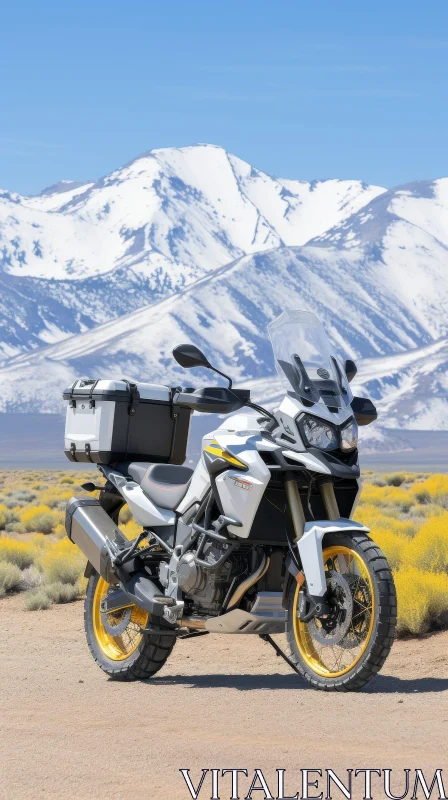 White and Gray Adventure Motorcycle in Desert Landscape AI Image