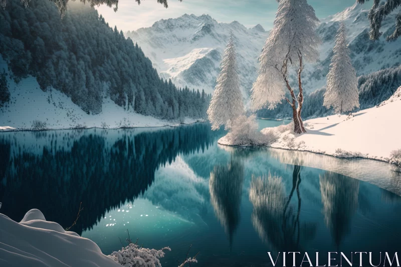 Winter Landscape: Snowy Lake and Majestic Mountains AI Image