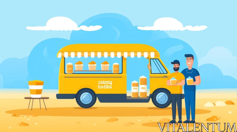 AI ART Yellow Food Truck on Sandy Beach