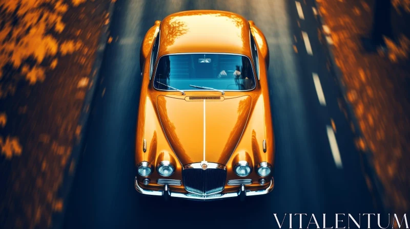 Yellow Vintage Car Driving on Asphalt Road AI Image