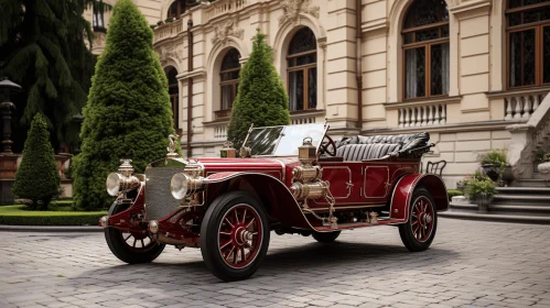 Antique Car Parked Outside a Beautiful Building - Red and Gold - Fine Lines and Intricate Details