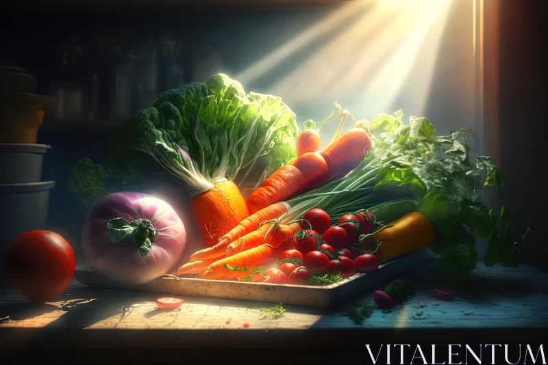 Captivating Play of Light and Shadow: Sunlit Vegetables in Photorealistic Rendering AI Image