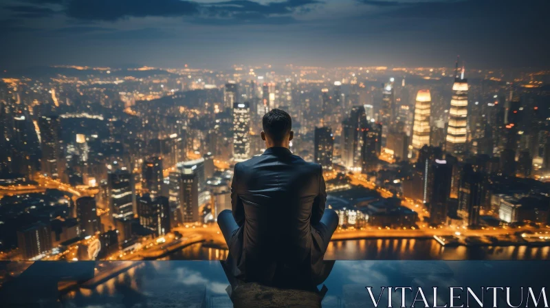 Cityscape Night View with Contemplative Man AI Image