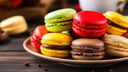 Delicious Multicolored Macarons on Wooden Table