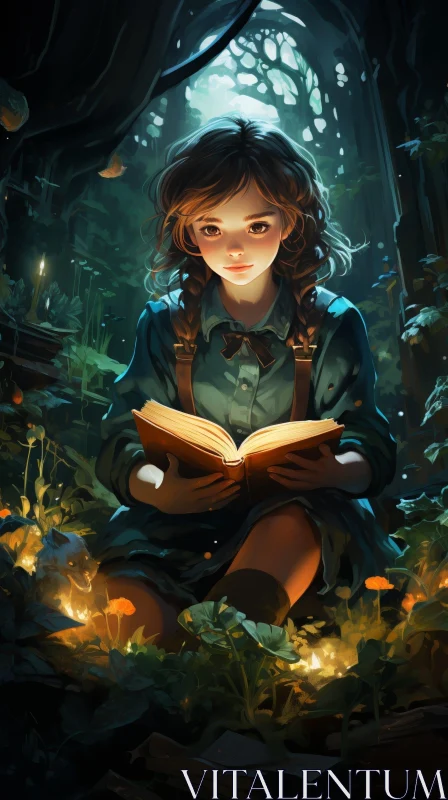 Enchanting Forest Scene: Girl Reading Book AI Image